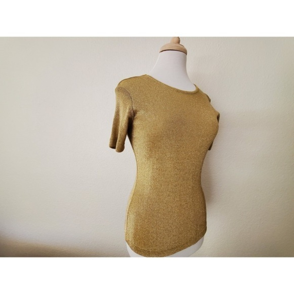 Vintage Gold Metallic Knit Short Sleeve Top Sparkle Mesh Tee Shirt VTG 90s Small